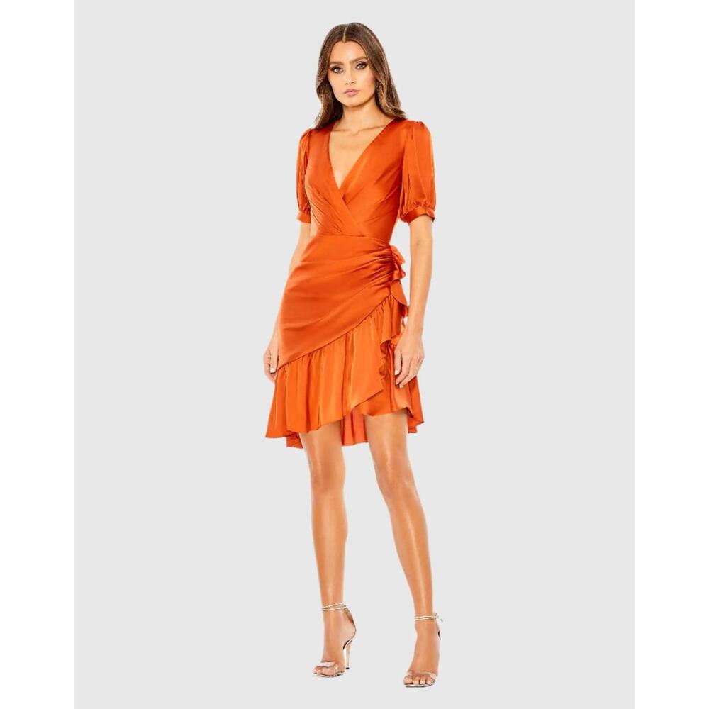 IEENA FOR MAC DUGGAL Short Puff Sleeve Faux Wrap Mini Dress Size 2